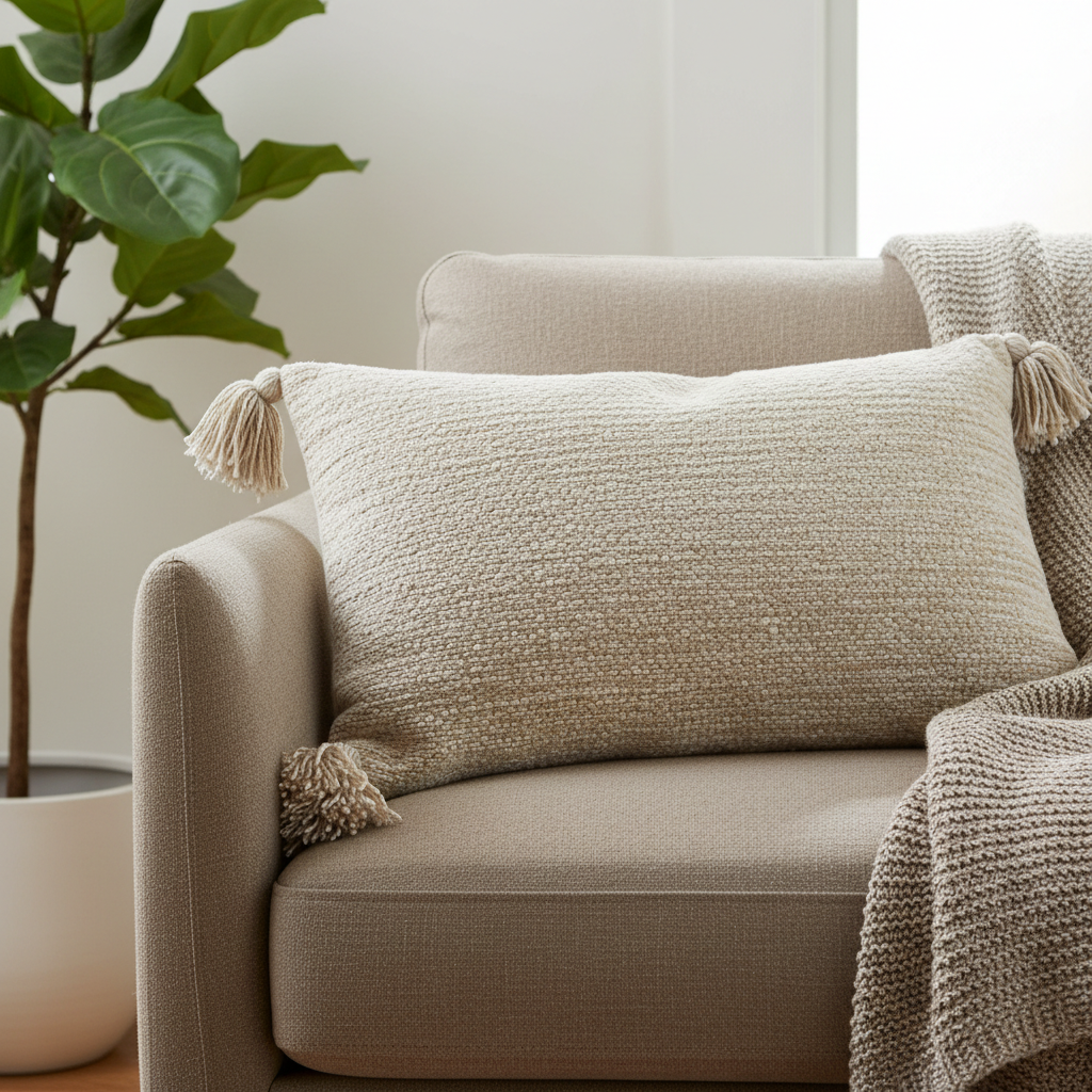 Soft cozy throw pillow in warm neutral tones on a couch